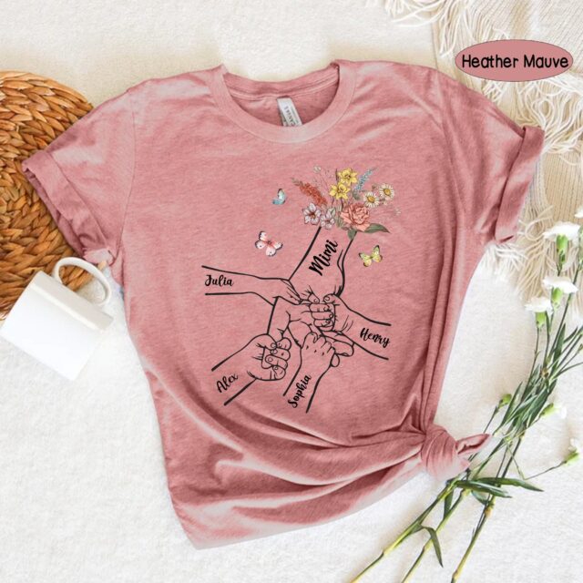 Personalized Grandma Shirt – Holding Kid’s Hands, Floral Mama Shirt for Mother’s Day