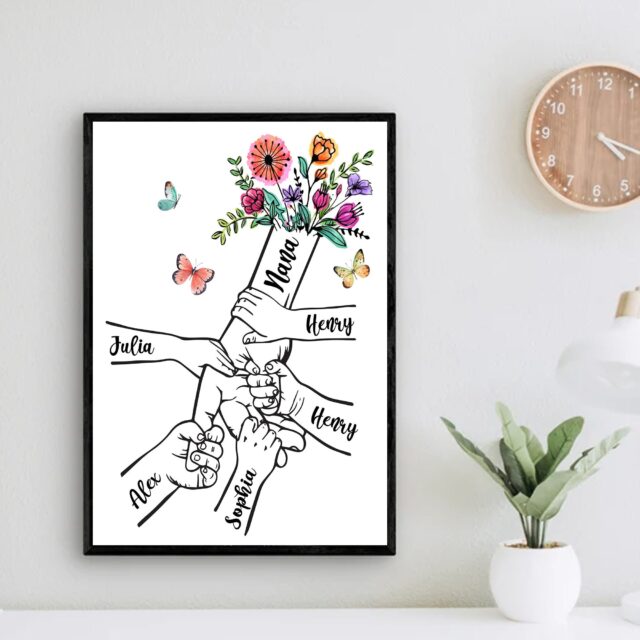 Custom Grandma Poster – Holding Hands with Kid Names, Floral Mother’s Day Gift