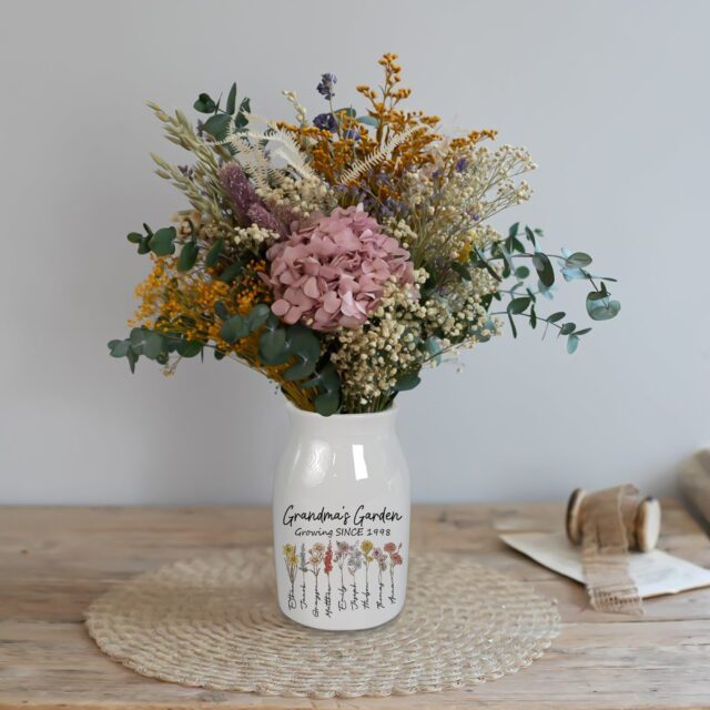 Custom Birth Month Flowers Grandma Vase – Personalized Grandma’s Garden with Grandkids’ Names