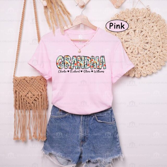 Custom Grandma Flower Shirt with Kids Names – Mother’s Day Gift for Nana, Gigi, Mimi