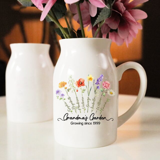 Custom Birth Month Flowers Grandma Vase – Personalized Grandkid Name Garden Gift