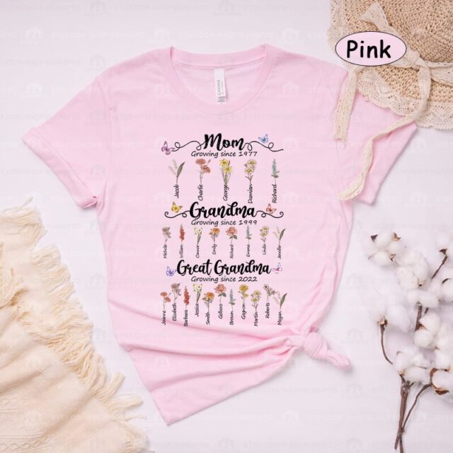 Personalized Great Grandma Shirt – Birth Month Flowers & Grandchild Names