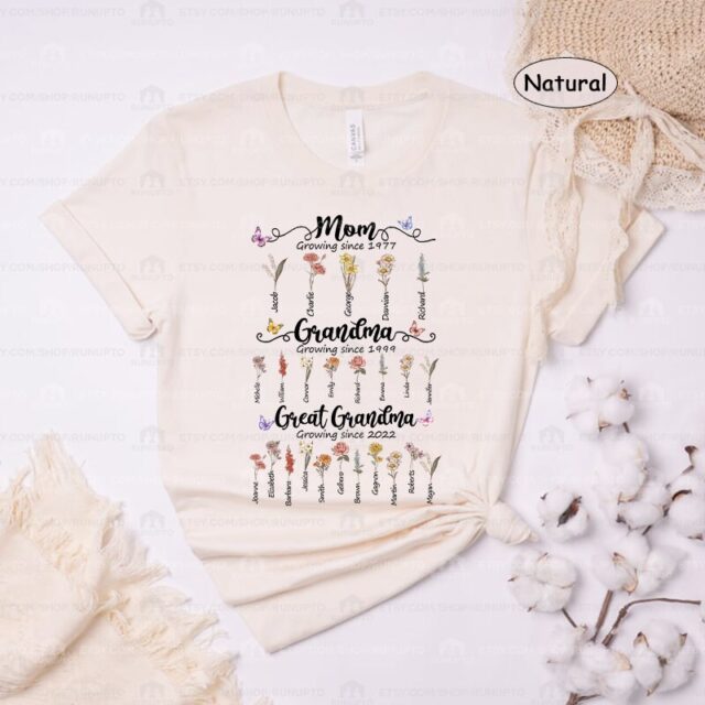Personalized Great Grandma Shirt – Birth Month Flowers & Grandchild Names