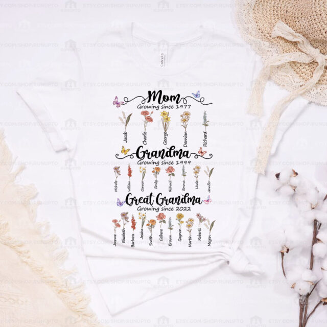 Personalized Great Grandma Shirt – Birth Month Flowers & Grandchild Names