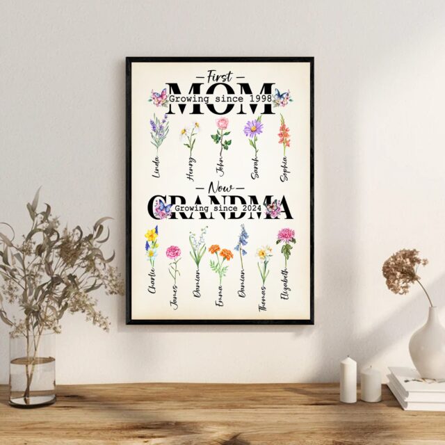 Personalized First Mom Now Grandma Poster – Custom Birth Month Flowers Garden Print