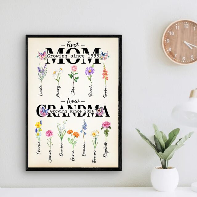 Personalized First Mom Now Grandma Poster – Custom Birth Month Flowers Garden Print