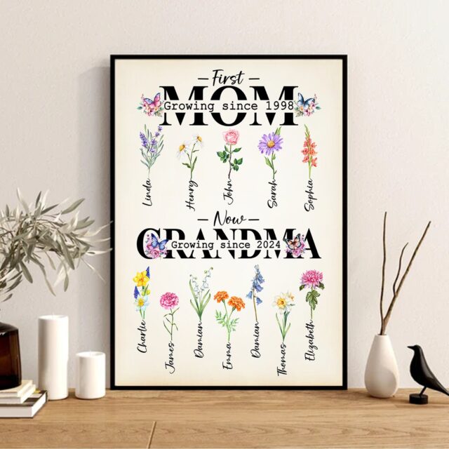 Personalized First Mom Now Grandma Poster – Custom Birth Month Flowers Garden Print