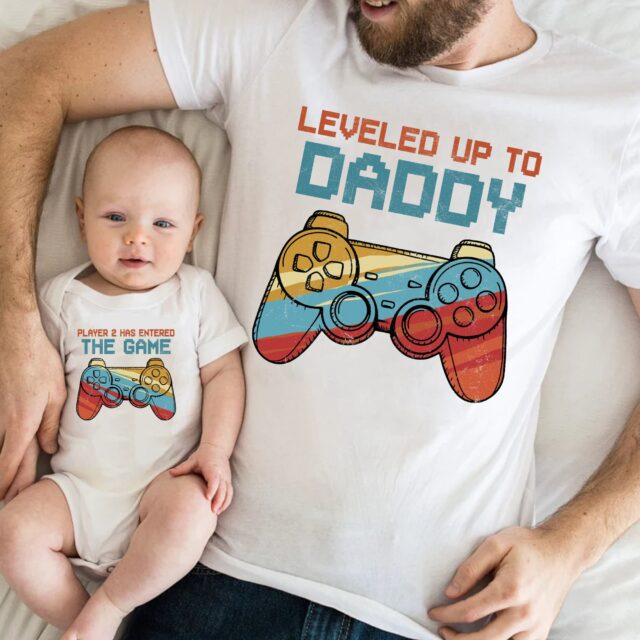 Leveled Up to Daddy Player 2 Shirt – Funny Grandpa & Gamer Dad Gift