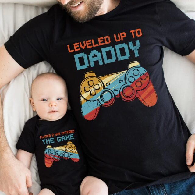 Leveled Up to Daddy Player 2 Shirt – Funny Grandpa & Gamer Dad Gift