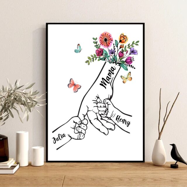 Custom Grandma Poster – Holding Hands with Kid Names, Floral Mother’s Day Gift