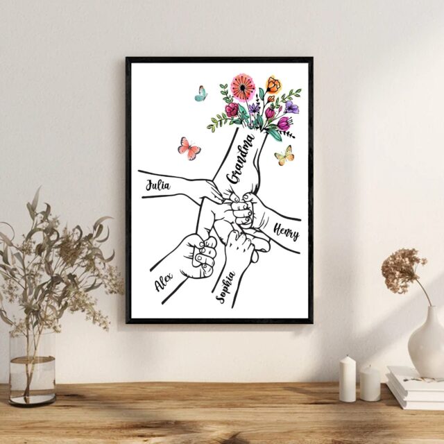 Custom Grandma Poster – Holding Hands with Kid Names, Floral Mother’s Day Gift