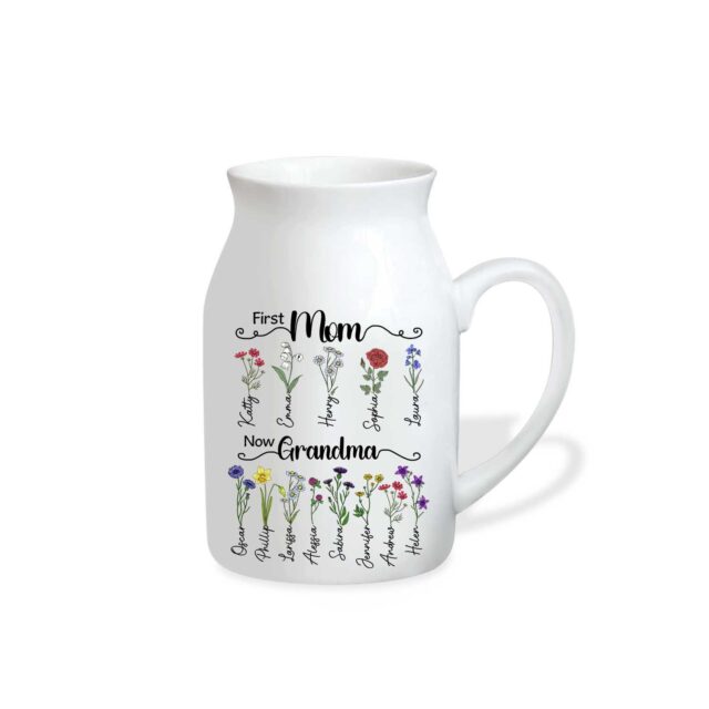 First Mom Now Grandma Gift – Custom Birth Month Flowers Grandma Vase with Grandkids’ Names