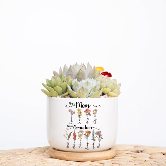 First Mom Now Grandma Gift – Custom Birth Month Flowers Grandma Plant Pot