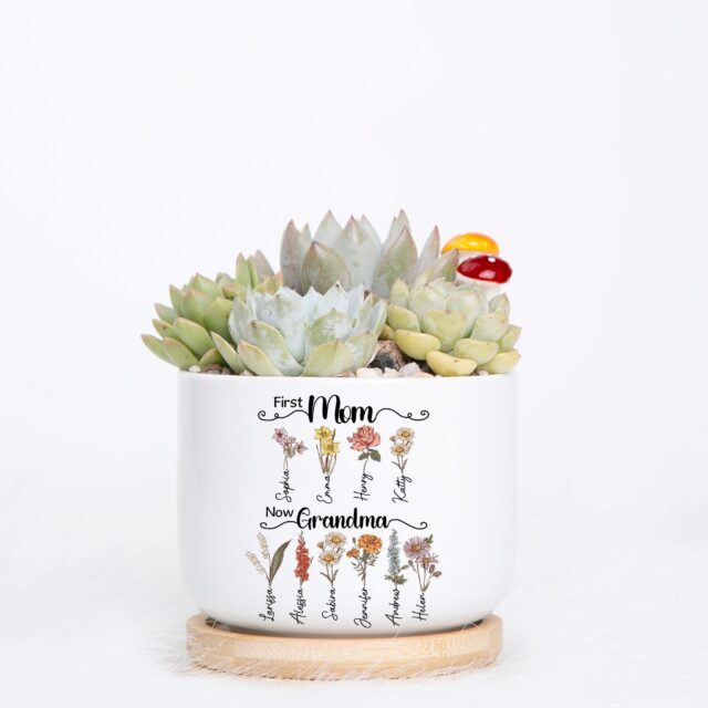 First Mom Now Grandma Gift – Custom Birth Month Flowers Grandma Plant Pot