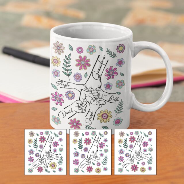 Custom Grandma Mug – Holding Hands with Kid Names, Floral Design