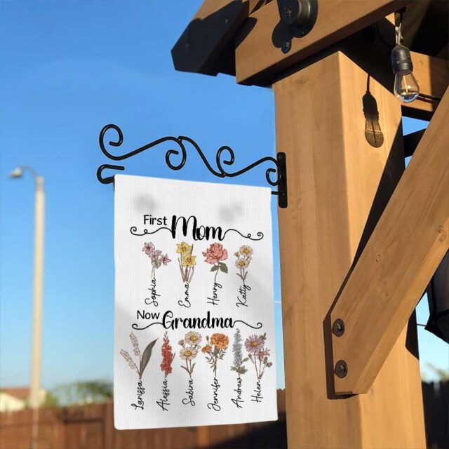 First Mom Now Grandma Gift – Custom Birth Month Flower July 4th Garden Flag