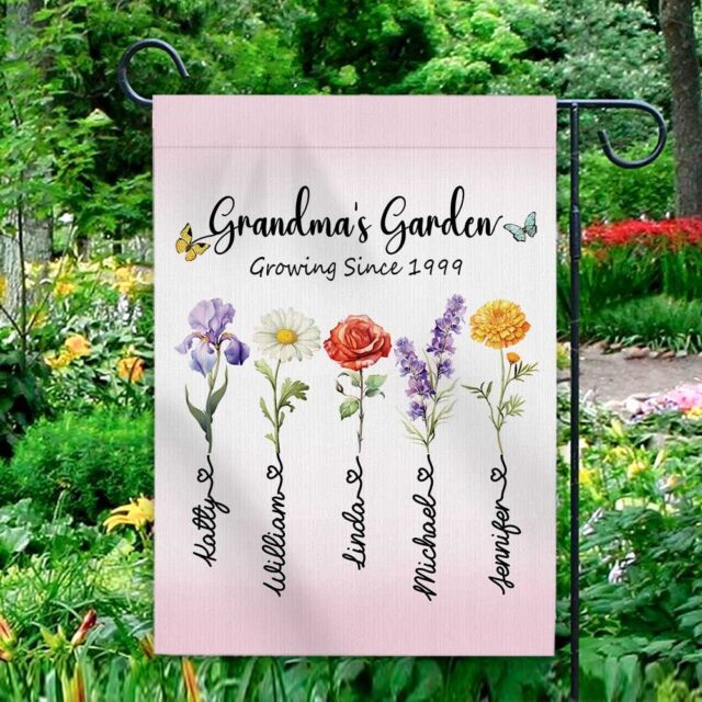 July 4th Garden Flag – Custom Birth Month Flower with Name for Grandma