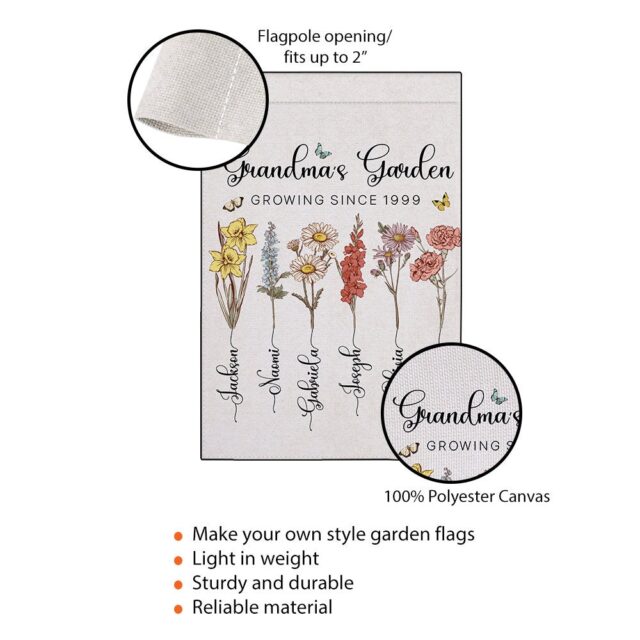 Grandma’s Garden Flag – Custom Birth Month Flower with Name for July 4th