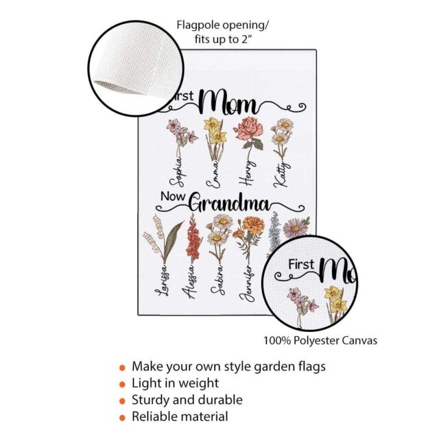 First Mom Now Grandma Gift – Custom Birth Month Flower July 4th Garden Flag