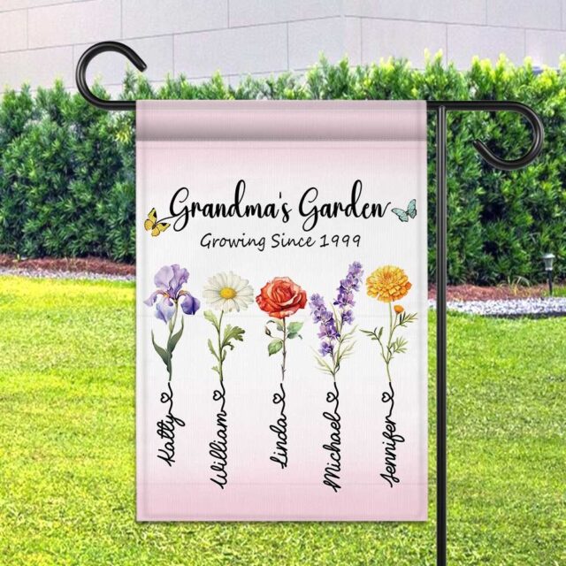 July 4th Garden Flag – Custom Birth Month Flower with Name for Grandma