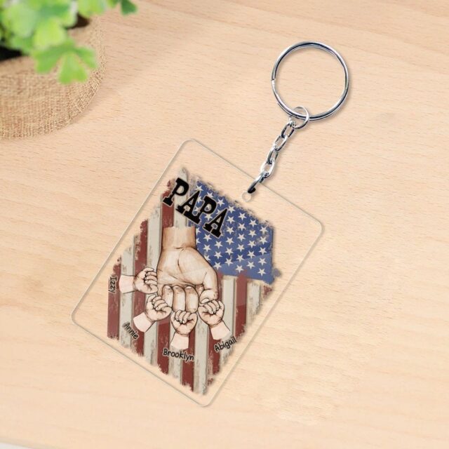 Personalized Papa Keychain – Custom Dad Raised Fist Bump Gift