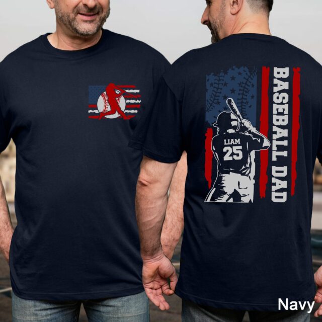 4th of July Baseball Dad Shirt – Custom Name & Number, American Flag Grandpa Tee