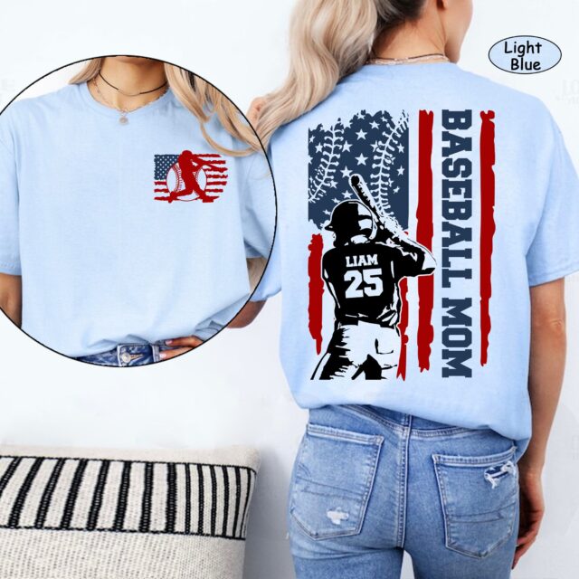 4th of July Baseball Dad Shirt – Custom Name & Number, American Flag Grandpa Tee