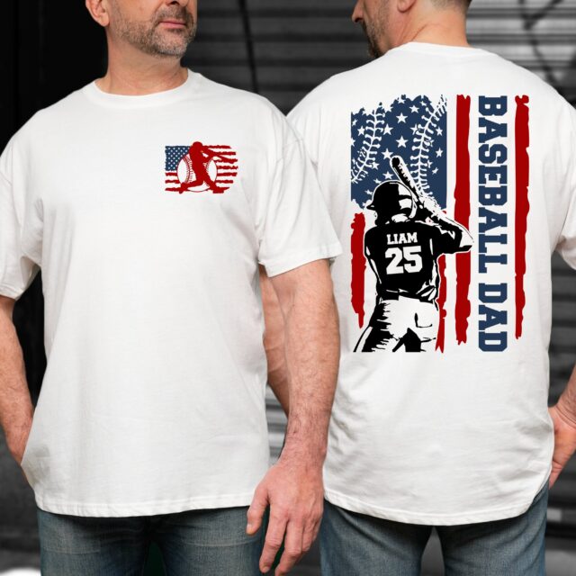 4th of July Baseball Dad Shirt – Custom Name & Number, American Flag Grandpa Tee
