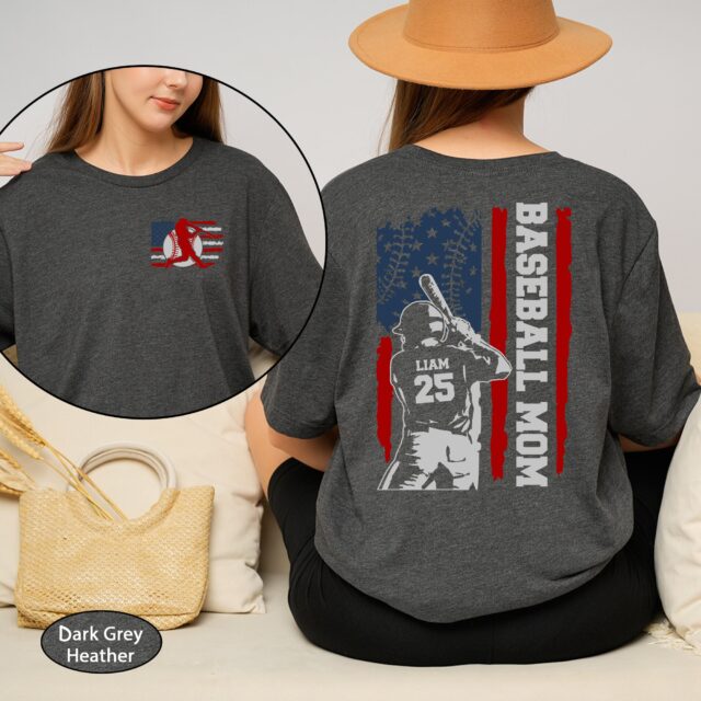 4th of July Baseball Dad Shirt – Custom Name & Number, American Flag Grandpa Tee
