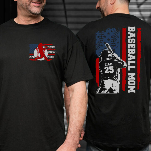 4th of July Baseball Dad Shirt – Custom Name & Number, American Flag Grandpa Tee