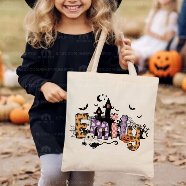 Custom Halloween Tote Bag with Kids Names – Trick or Treat Gift