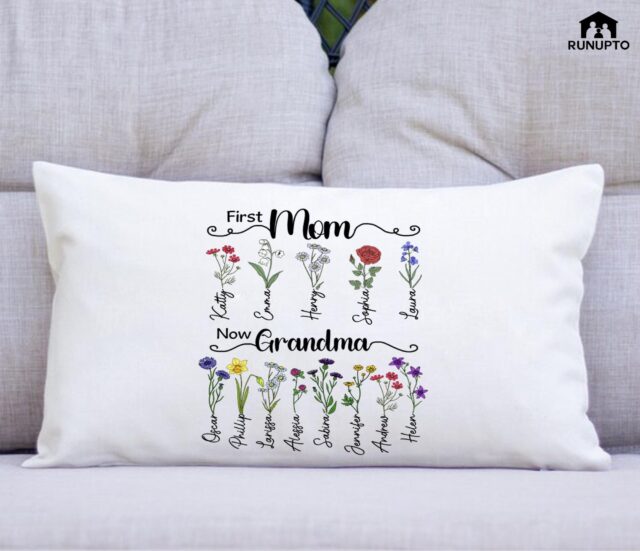 Custom Birth Month Flowers Grandma Pillow – Grandkids’ Names Gift