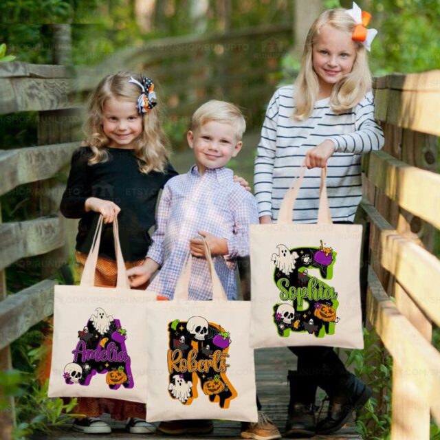 Custom Halloween Tote Bag with Kids Names – Trick or Treat Halloween Gift