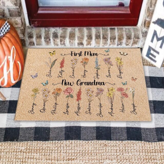 First Mom Now Grandma Gift – Custom Birth Month Flowers Grandma Doormat