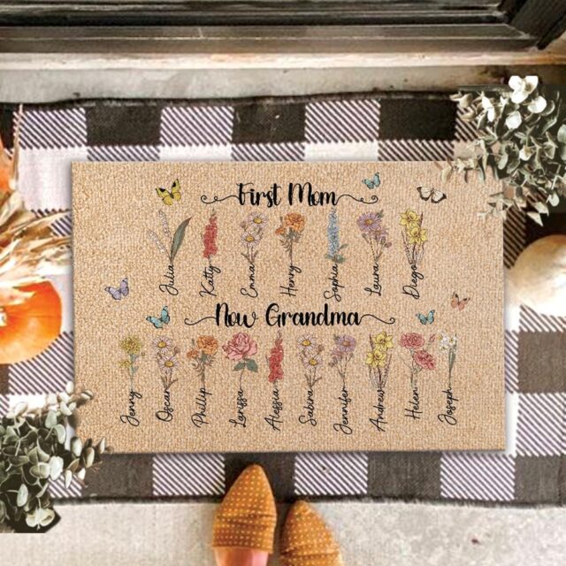 First Mom Now Grandma Gift – Custom Birth Month Flowers Grandma Doormat