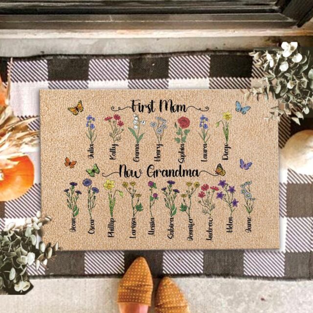 Custom Birth Month Flowers Grandma Doormat – First Mom Now Grandma Gift with Grandkids’ Flowers