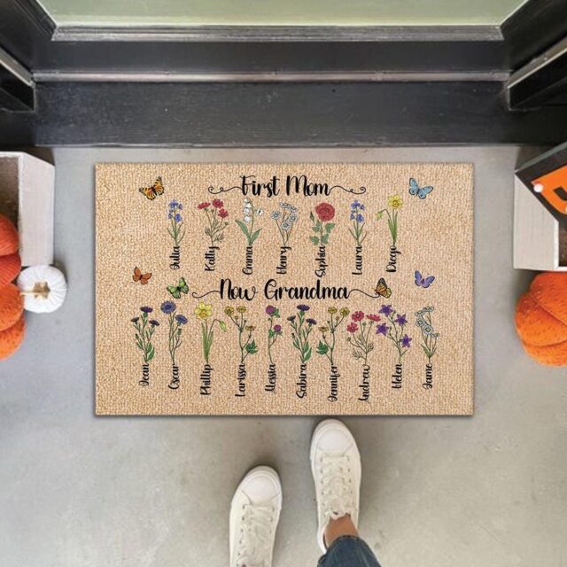 Custom Birth Month Flowers Grandma Doormat – First Mom Now Grandma Gift with Grandkids’ Flowers
