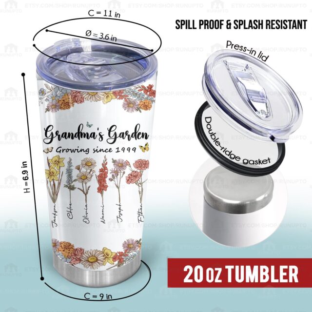 Grandma’s Garden Tumbler with Grandkids’ Names – Custom Birth Month Flowers Drinkware