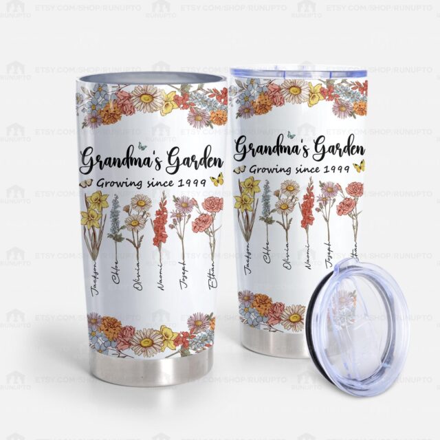 Grandma’s Garden Tumbler with Grandkids’ Names – Custom Birth Month Flowers Drinkware