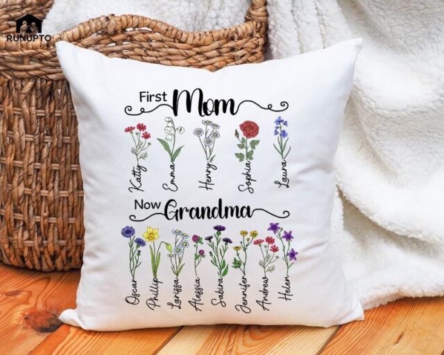 Custom Birth Month Flowers Grandma Pillow – Grandkids’ Names Gift