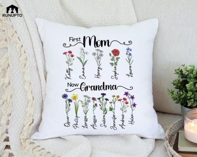 Custom Birth Month Flowers Grandma Pillow – Grandkids’ Names Gift
