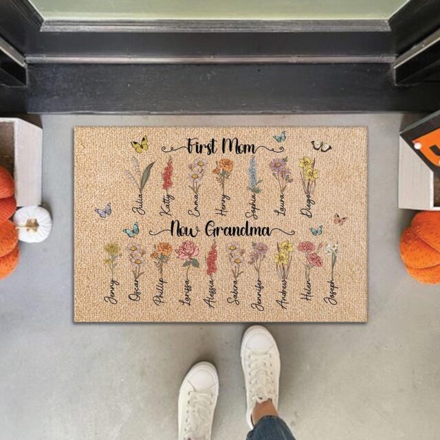 First Mom Now Grandma Gift – Custom Birth Month Flowers Grandma Doormat