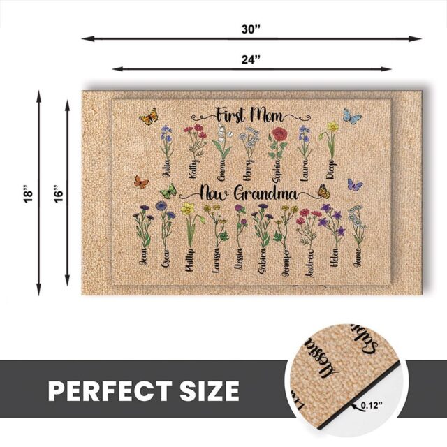 Custom Birth Month Flowers Grandma Doormat – First Mom Now Grandma Gift with Grandkids’ Flowers