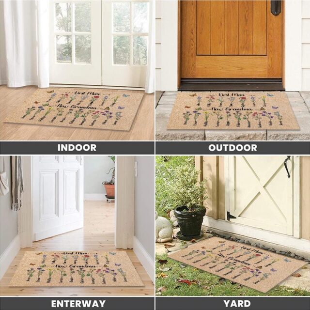 Custom Birth Month Flowers Grandma Doormat – First Mom Now Grandma Gift with Grandkids’ Flowers
