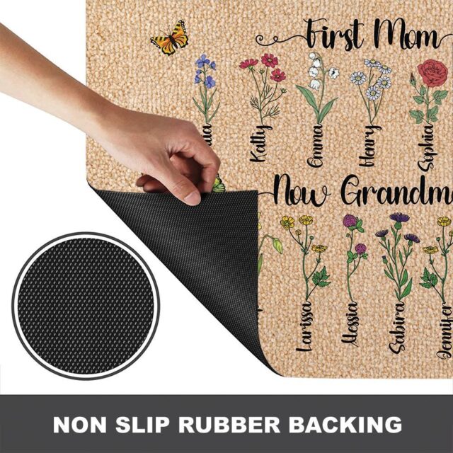 Custom Birth Month Flowers Grandma Doormat – First Mom Now Grandma Gift with Grandkids’ Flowers
