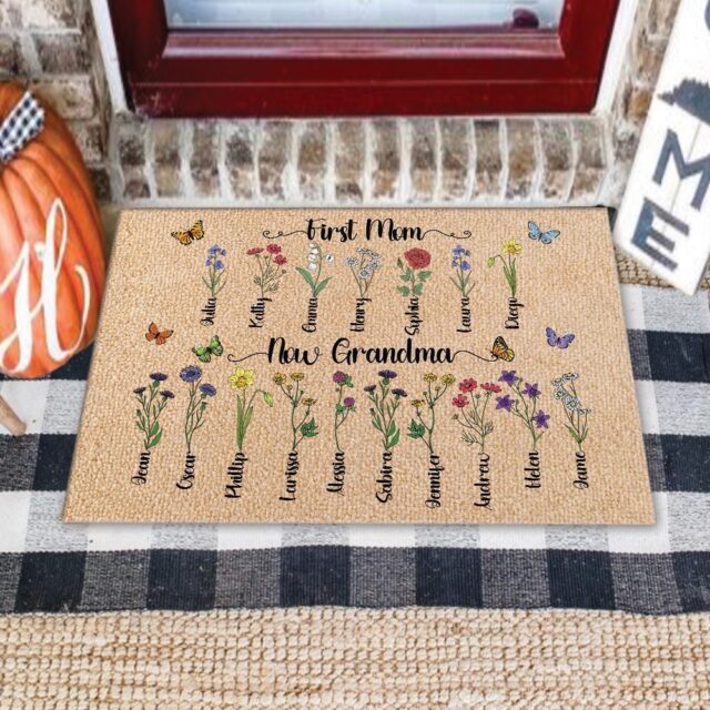 Custom Birth Month Flowers Grandma Doormat – First Mom Now Grandma Gift with Grandkids’ Flowers