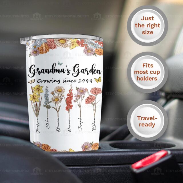 Grandma’s Garden Tumbler with Grandkids’ Names – Custom Birth Month Flowers Drinkware