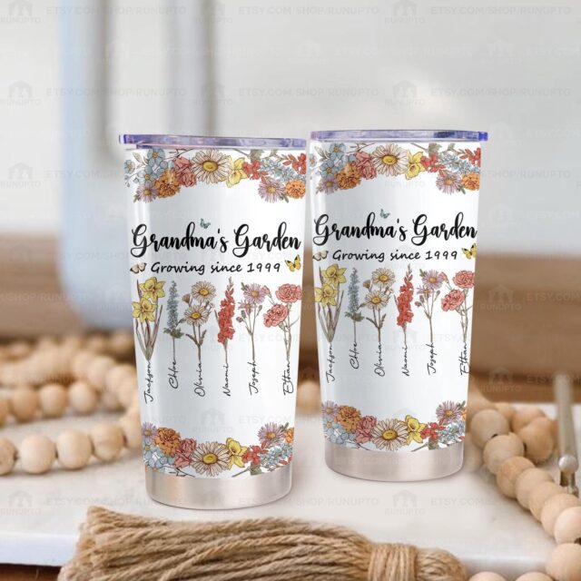 Grandma’s Garden Tumbler with Grandkids’ Names – Custom Birth Month Flowers Drinkware