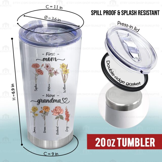 Custom First Mom Now Grandma Gift – Birth Month Flowers Tumbler for Grandma