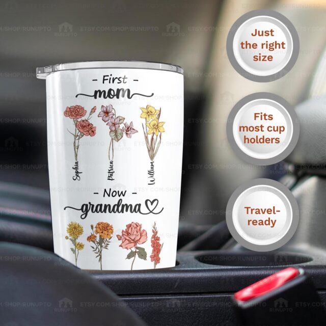Custom First Mom Now Grandma Gift – Birth Month Flowers Tumbler for Grandma